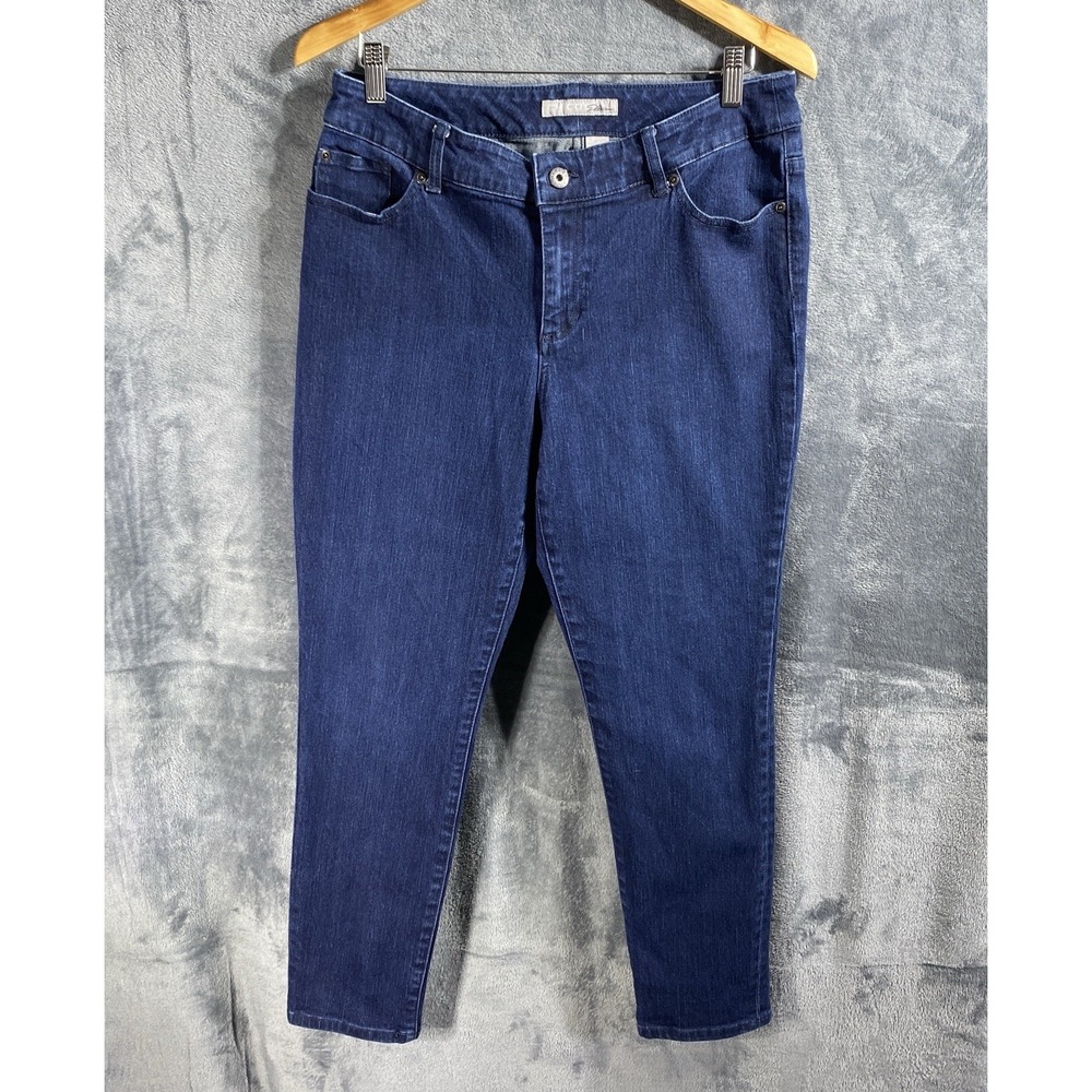 Chicos Platinum Jeans Womens Size 2 Tapered Leg Blue Indigo Dark Wash Denim